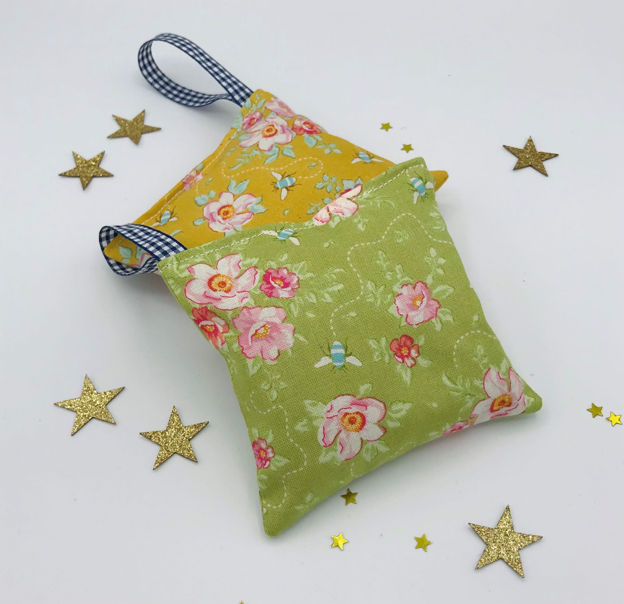 Set of 2 Lavender Bags in Tilda Fabric - one gren one mustard with flowers and bumble bees