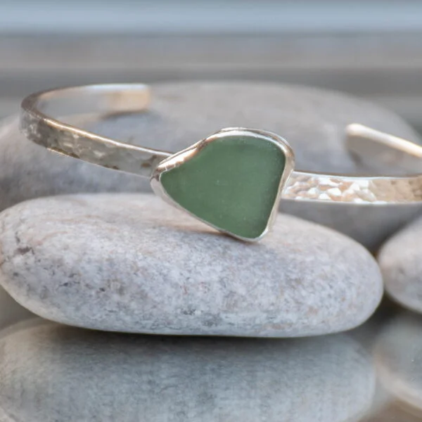 Silver and green seaglass hammered cuff