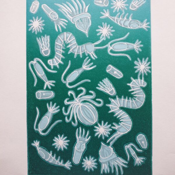 Reduction Lino Print of Bioluminescent Plankton, turquoise ombre, Minouche, madebyminouche