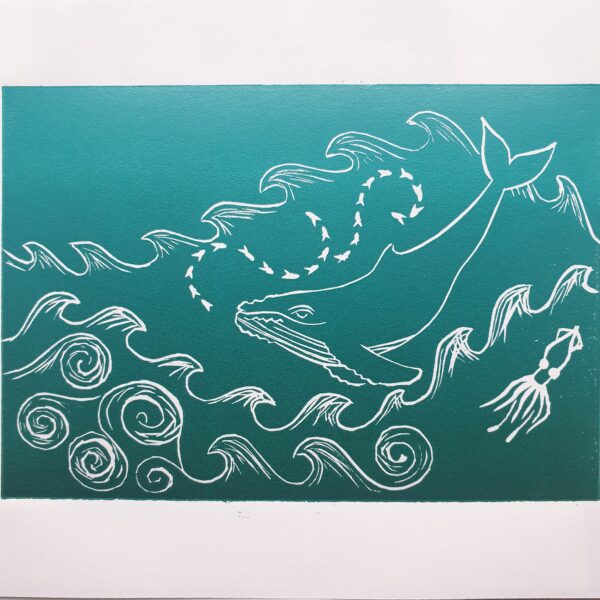 Lino Print of Humpback Whale in the Waves with fish and squid, turquoise ombre, Minouche, madebyminouche