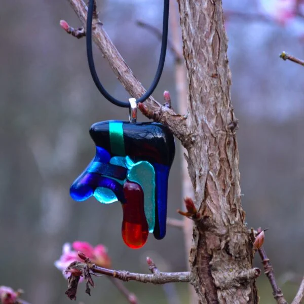 Aria Creations Takahe Fused Glass Pendant Black Blue Red Purple Green