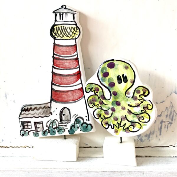 Octopus and Lighthouse pottery ornaments Louise Crookenden-Johnson ceramics