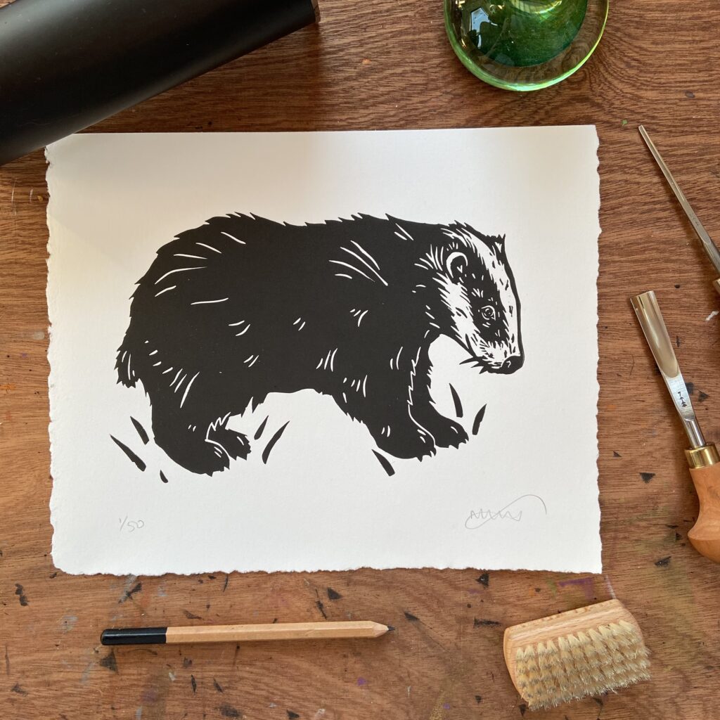 The Littlest Falcon badger Linocut print - limited edition