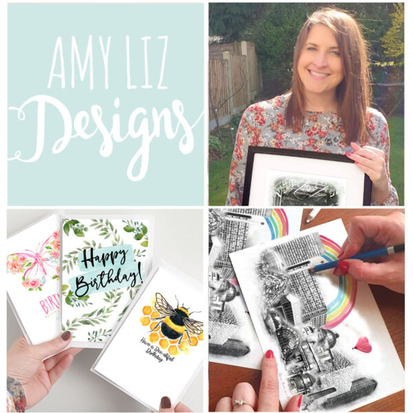 Amyliz Designs Logo and photos of me and misc products