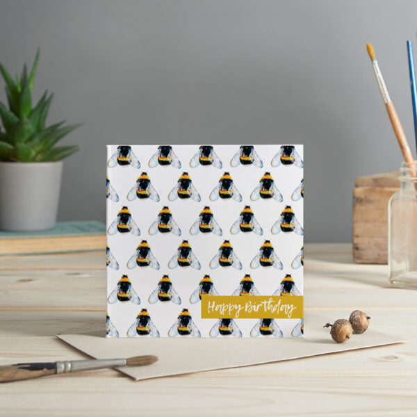 Little Hotch, Bumblebee watercolour illustrated pattern, Happy Birthday card