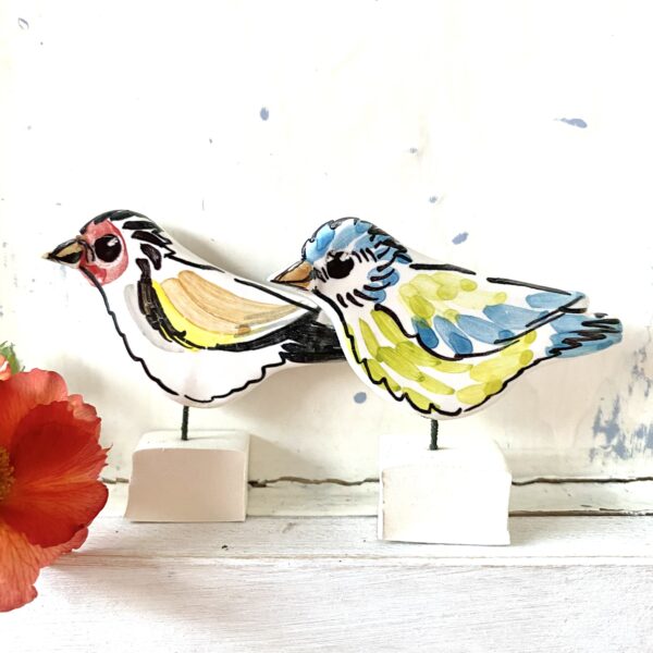 Goldfinch and blue tit ceramic pottery ornaments Louise Crookenden Johnson