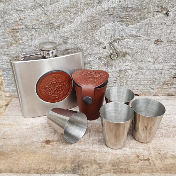Hip flask and leather Dram Glass case Set