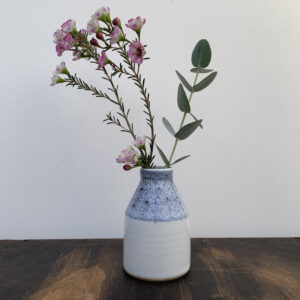 Rachel Carpenter Ceramics, White Bud Vase with blue band around the neck of the vase