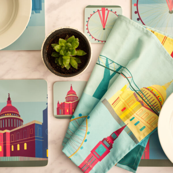 South Island Art, London Themed Placemats, Coasters and Tea Towel on Dining Table