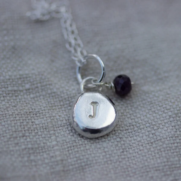 The Little Red Hen personalised recycled silver initial pendant handmade silver with sapphire bead