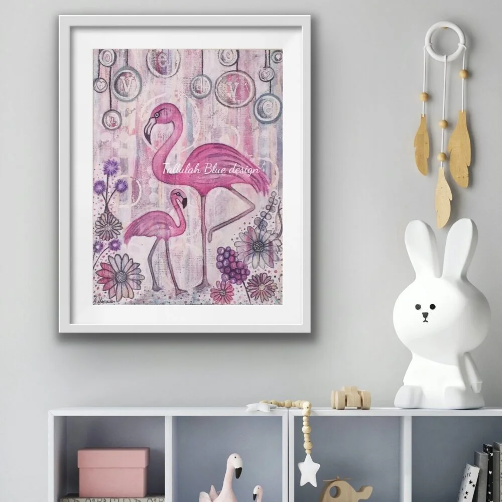 Mixed media flamingo print of two flamingos, from Tallulah blue Design.