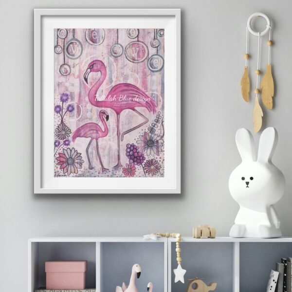 Mixed media flamingo print of two flamingos, from Tallulah blue Design.