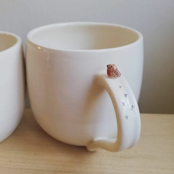 lucyandjaneceramics robin bird mug cup with tiny bird and birdprints