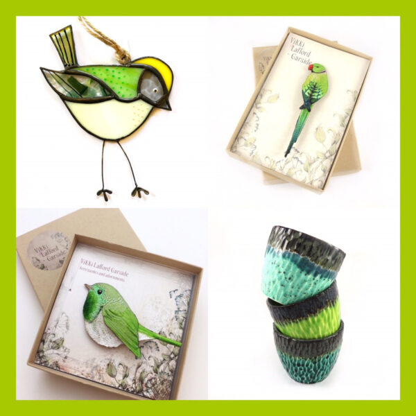 That Girl In Green, stained glass suncatchers, ceramic plant pots, handmade embroidered brooches