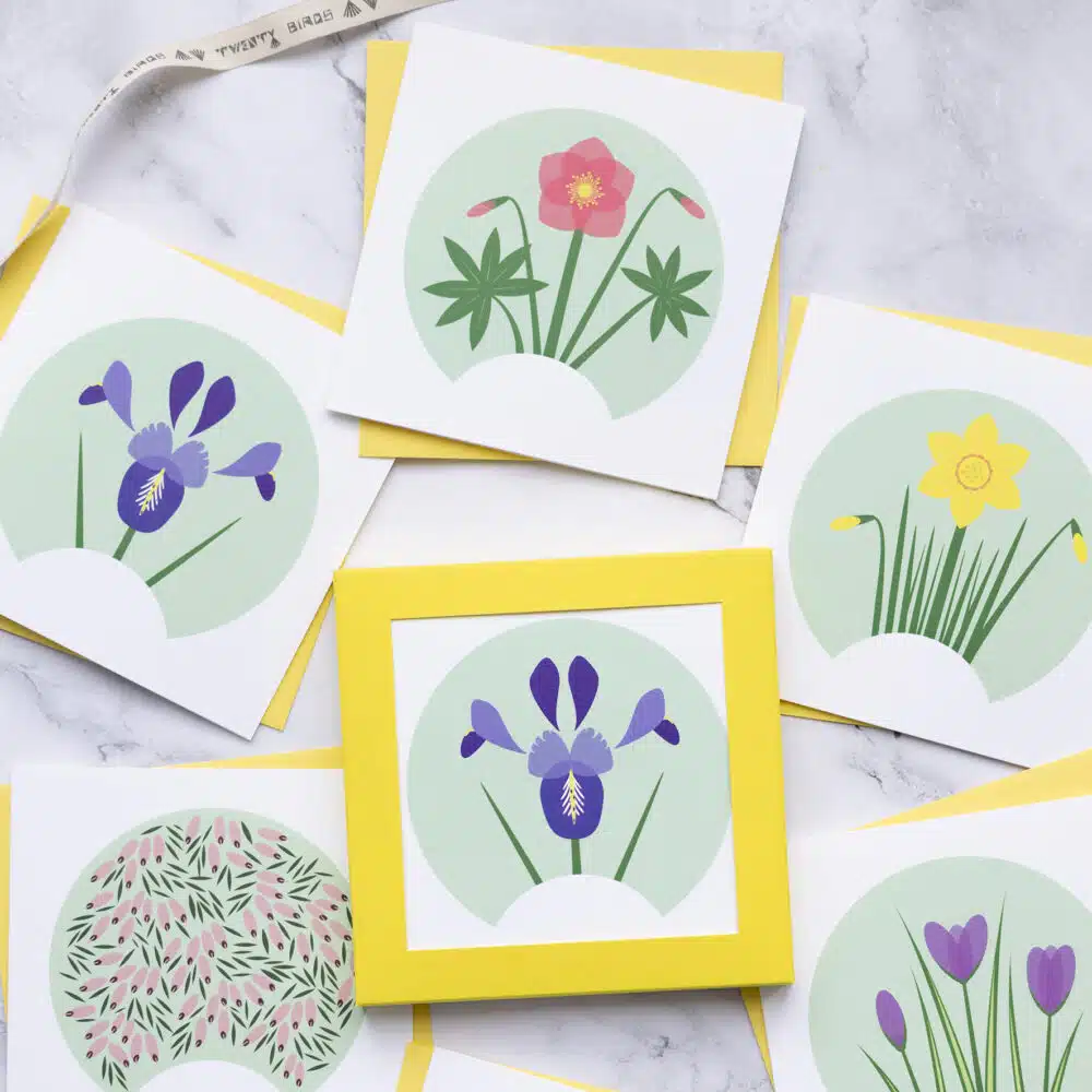 Small Card pack featuring early spring flowers, Iris, daffodil, crocus, Hellebore and heather Erica