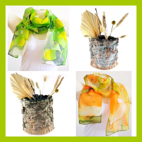 That Girl In Green, hand painted pure silk scarves, hand built stoneware ceramic vases