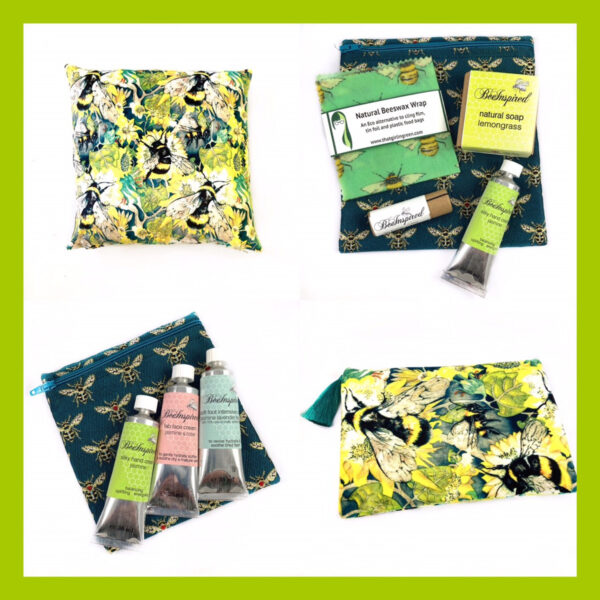 That Girl In Green, handmade velvet bee pouch, clutch, handmade bee cushion, artisan bee creams in gift bag, artisan bee pamper set.