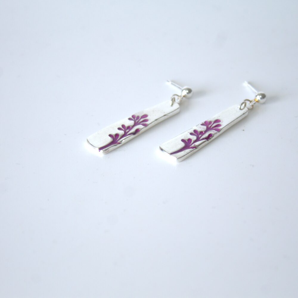 Fine silver handmade earrings with purple resin flower details. Abby's Art Atelier