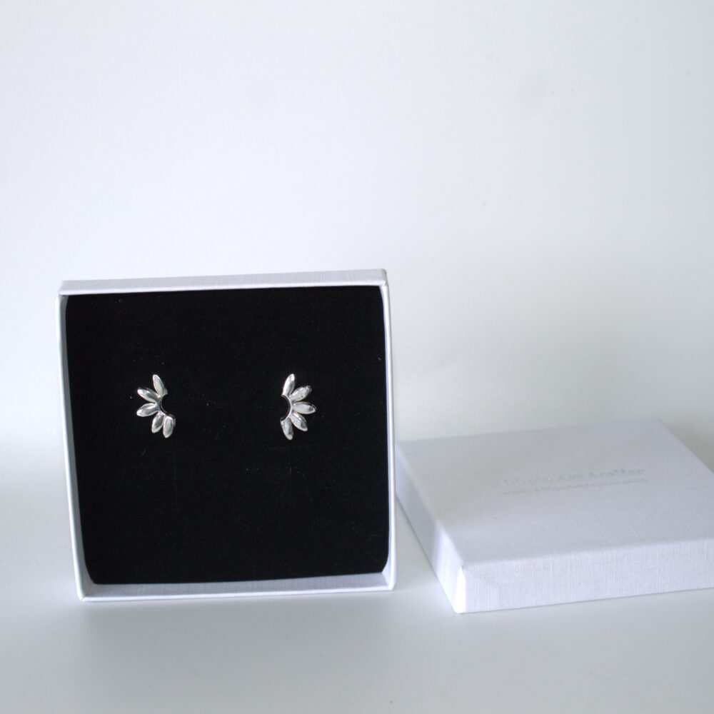 Half flower Fine silver handmade earrings with sterling silver studs. Abby's Art Atelier
