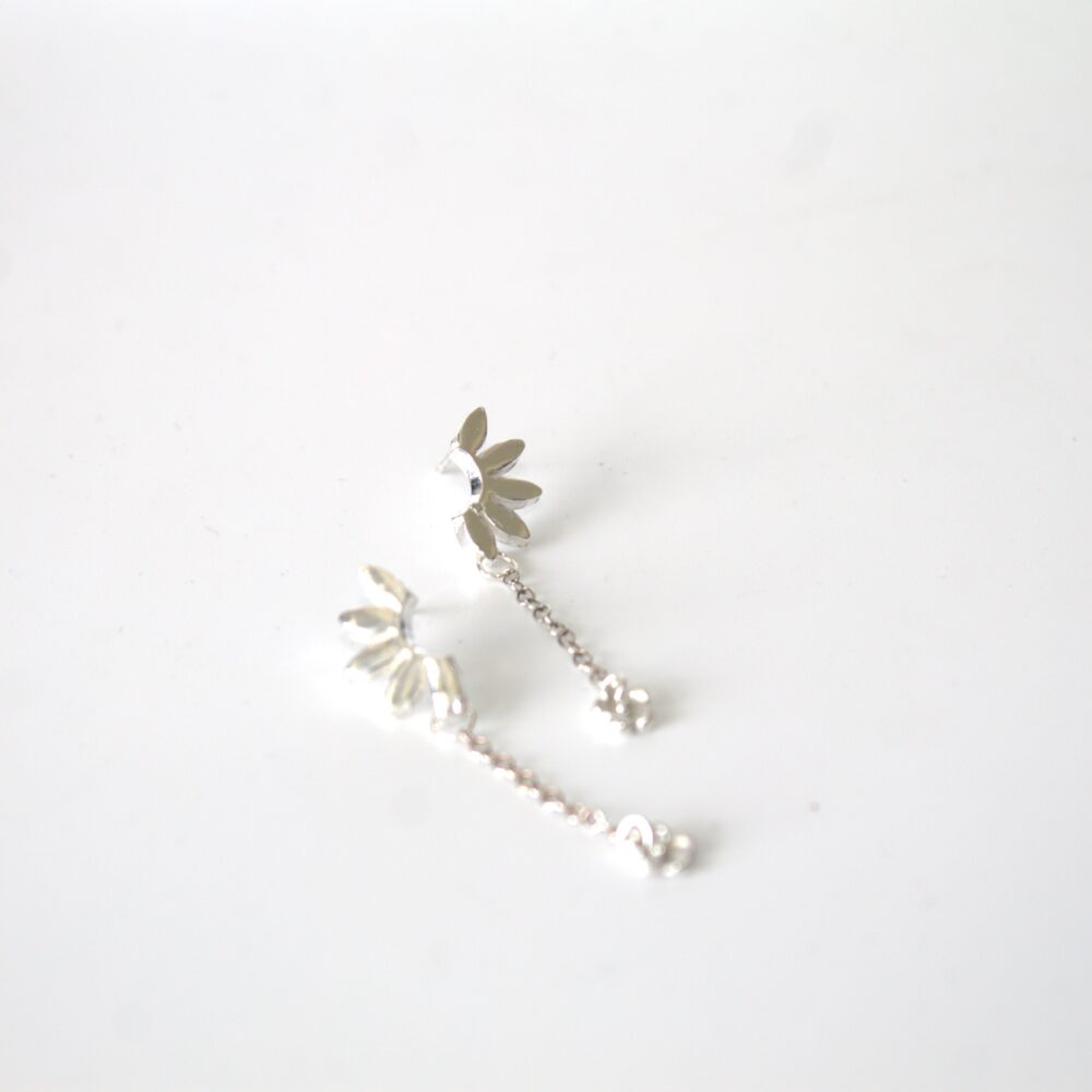 Half flower Fine silver handmade earrings with sterling silver studs and chain drops. Abby's Art Atelier