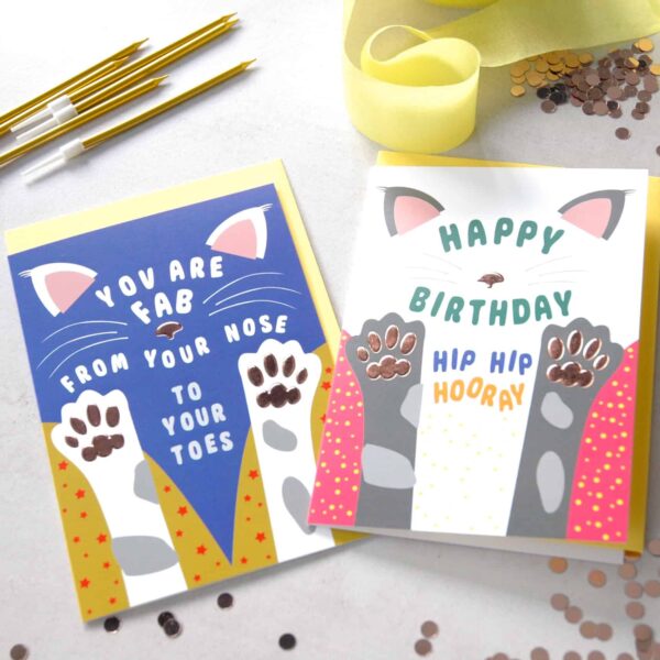 Two greetings cards with cats on with foiled paws and nose