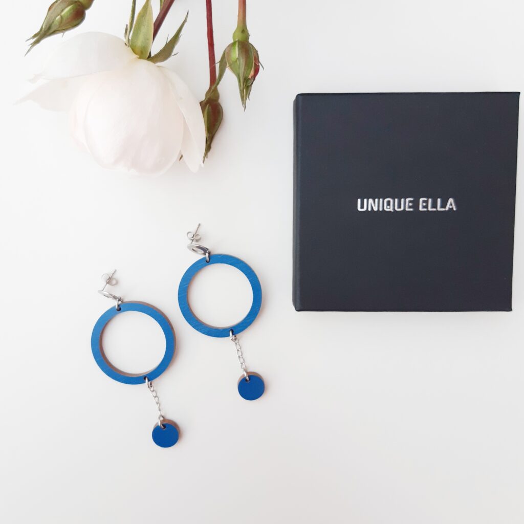 Oona Wooden Earrings in Blue Unique Ella Sustainable Jewellery