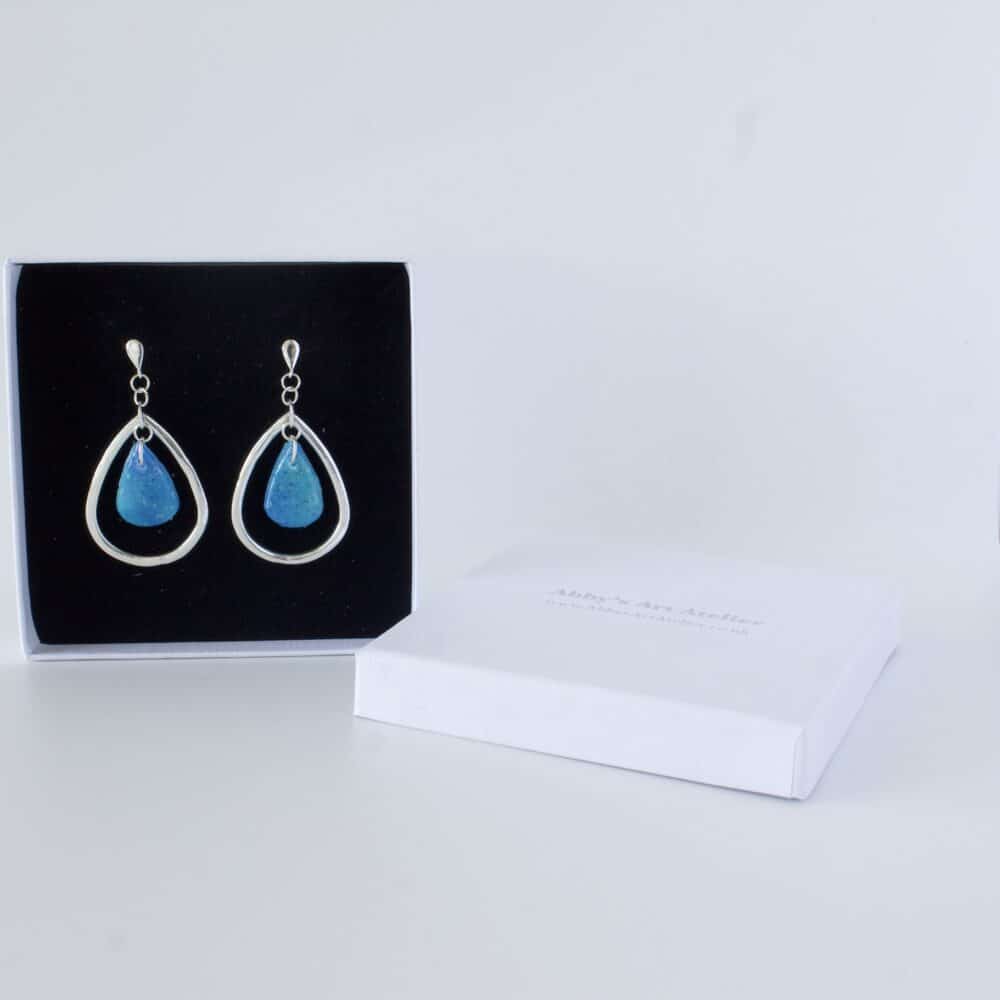 Blue/Green Polymer Clay Tear Drop Earrings with Fine Silver Teardrop Outer Frame. Finished with Sterling Silver Studs