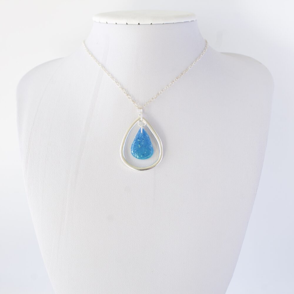 Blue/Green Polymer Clay Tear Drop Earrings with Fine Silver Teardrop Outer Frame. Finished with Sterling Silver Chain.