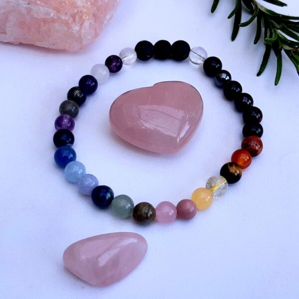 Rainbow chakra gift with rose quartz crystals