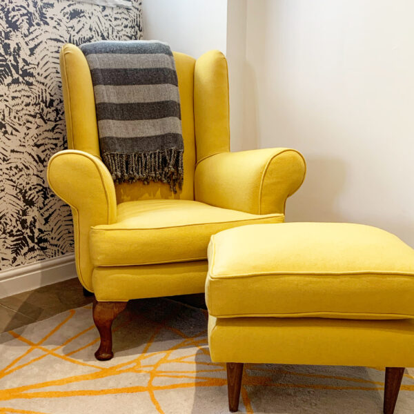 Sarah Parry Design, Upholstered Mustard Wing Back Armchair and Footstool