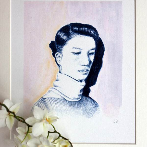 KamsArthouse Art print of an origianl head study created with colored pencil and gouache of a blue lady pink background