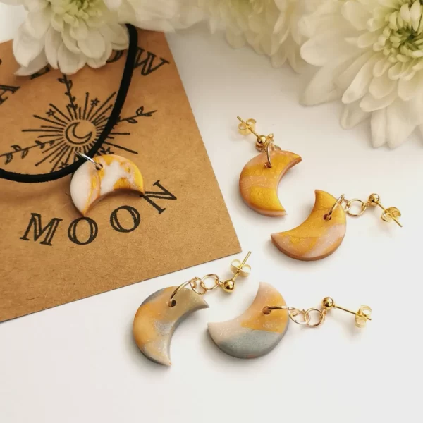 Gold Polymer Clay Hippy Moon Phase Jewellery - Fallow Moon. Pedddle