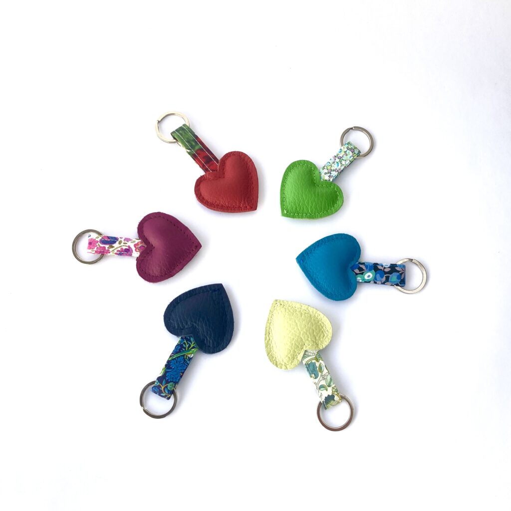Teazle Handmade Brightly coloured heart leather and liberty fabric keyrings