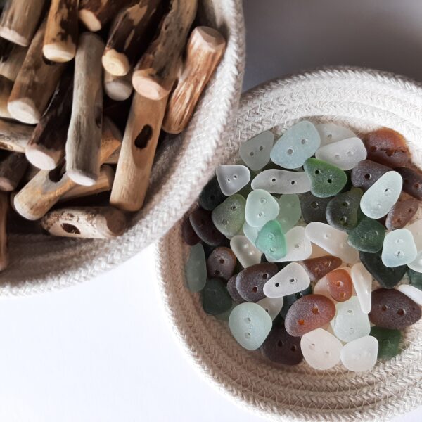 driftwood toggles and sea glass buttons seen from above