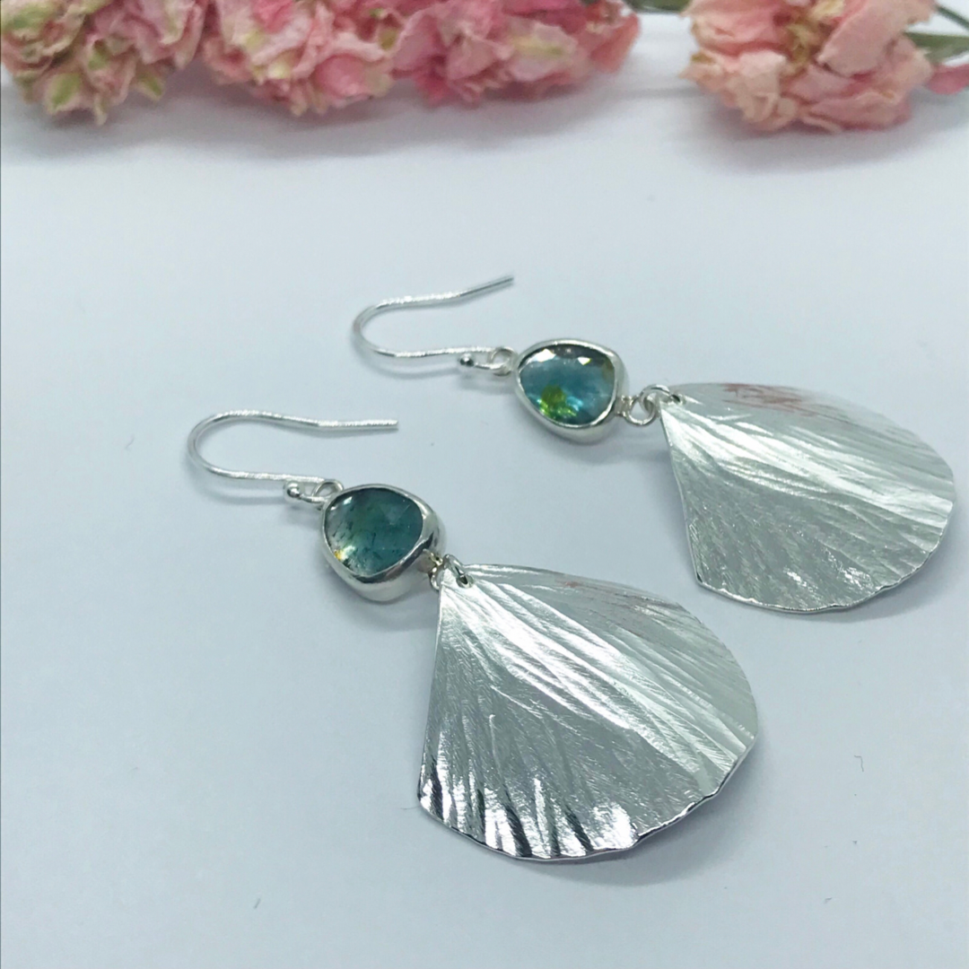LorriSilverjewellery, blue tourmaline fan dangly earrings