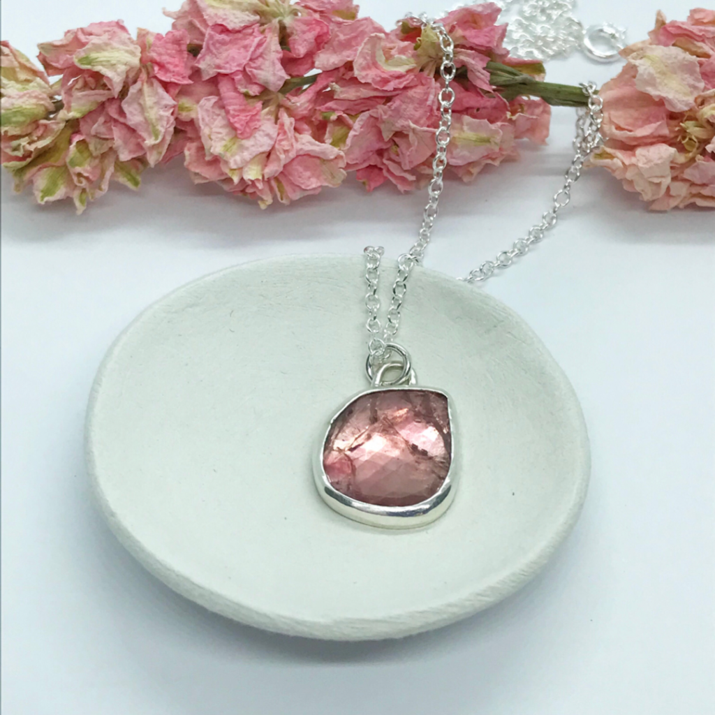 LorriSilverjewellery, peach tourmaline necklace on small bowl