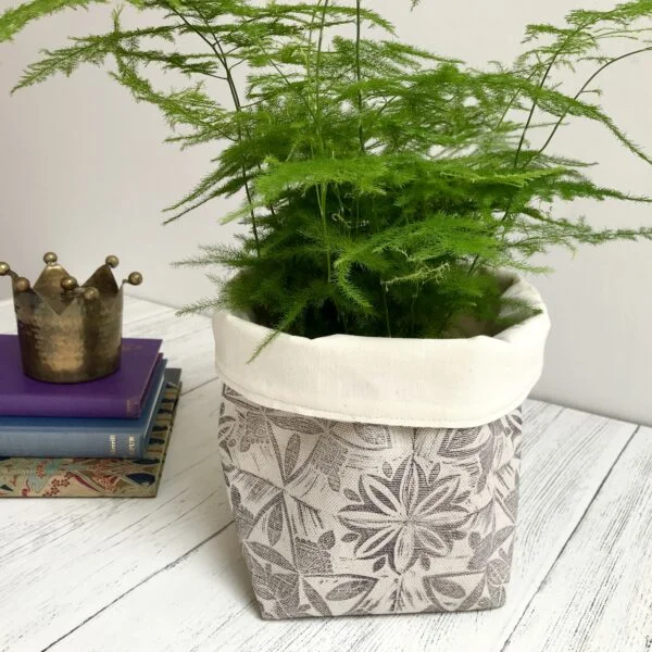Cushie Doo Textiles Hand Printed Linen Storage Basket in Lavender Grey