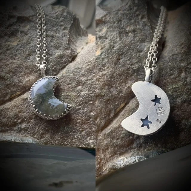 Sparkle by Faith, moss agate moon pendant necklace, set in sterling silver