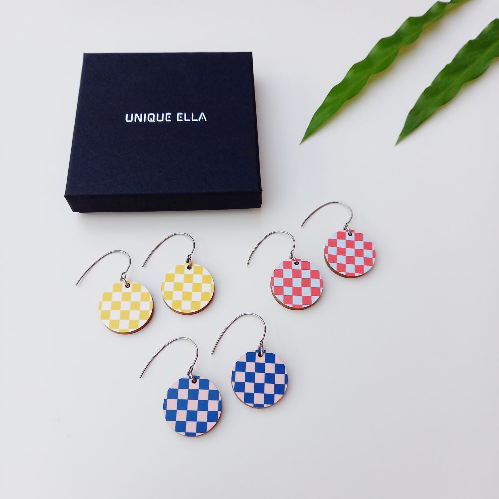 Chess Wooden Earrings in Blue Red And Yellow Unique Ella Sustainable Jewellery