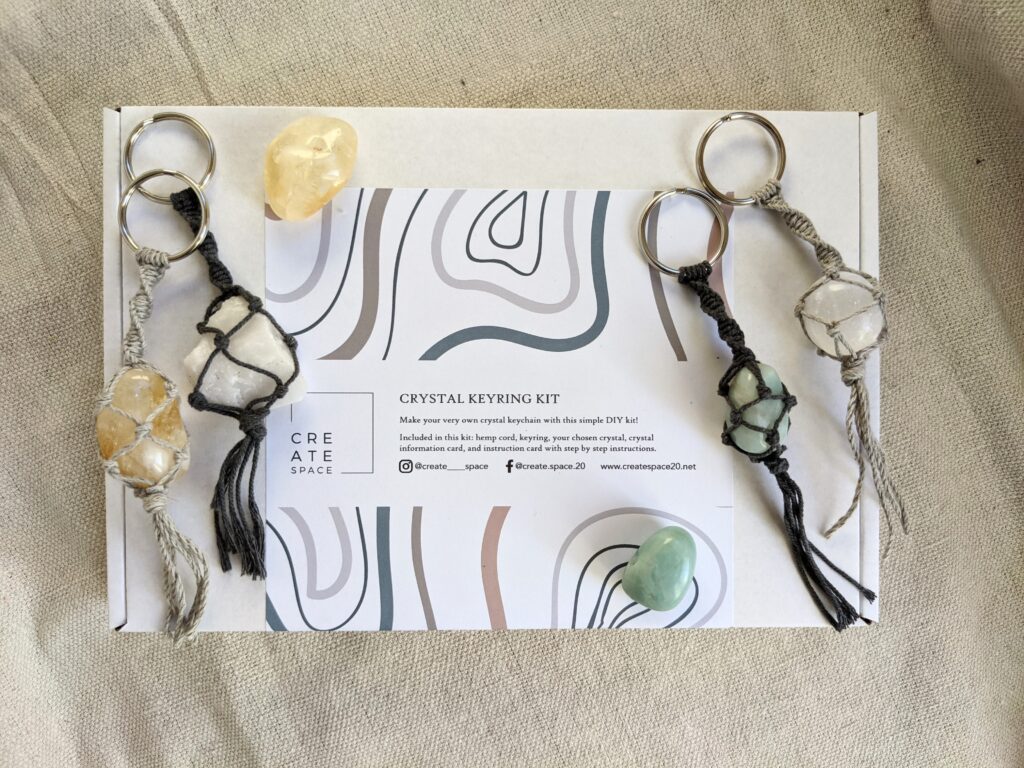 Create Space, Crystal Keyring Kit box showing all the crystal options including amazonite, selenite, snow quartz and citrine