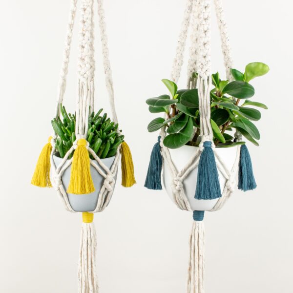 Rima Linden makes macrame plant hangers, recycled cotton colourful macrame plant hanger with tassels and wooden ring