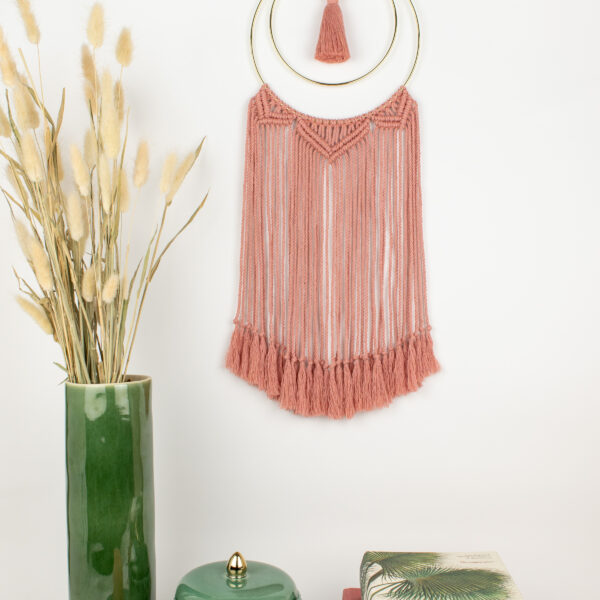 Rima Linden makes macrame wall hanging, recycled cotton wall hanging with gold colour hoop and tassel