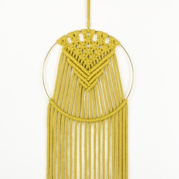 Rima Linden makes macrame wall hanging, recycled cotton colourful modern wall hanging with gold colour hoop