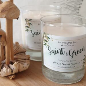 Saint & Green wood smoke vanilla scented soy wax candle. 300ml candle in a glass container.