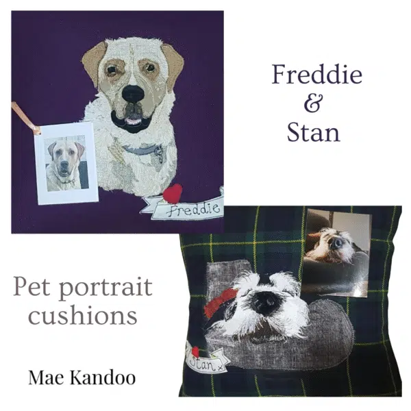 Examples of bespoke pet portrait cushions with original pet photos alongside each cushion to compare their likeness. Golden Retriever applied o to a purple wool background and a long haired Terrier cross with grey and white whiskers and eyebrows from aging nestling his head on the arm of a chair appliqued onto tartan wool