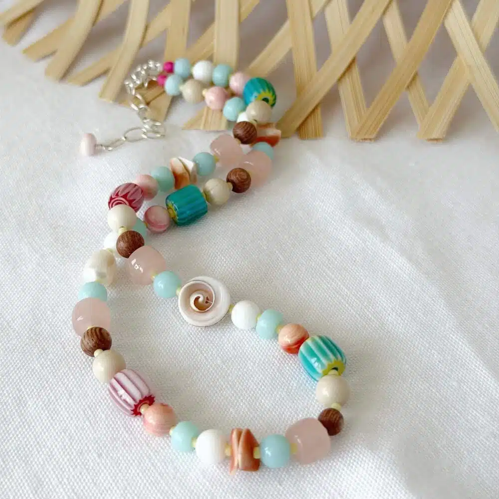 hardy to Hudson St. Martin chunky beaded necklace in white, pink, turquoise, wood, glass and shell