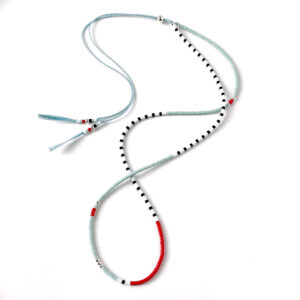 pale blue silk adjustable necklace with tiny miyuki beads in nautical colours of pale blue, red, black and white