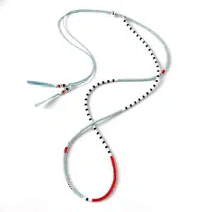 pale blue silk adjustable necklace with tiny miyuki beads in nautical colours of pale blue, red, black and white