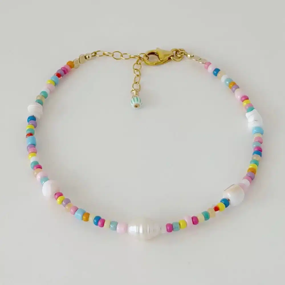 hardy to Hudson multicoloured beaded bracelet with shell, pearl and gold filled beads
