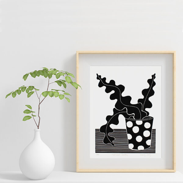 Fishbone Cactus Black and white botanical lino print in frame